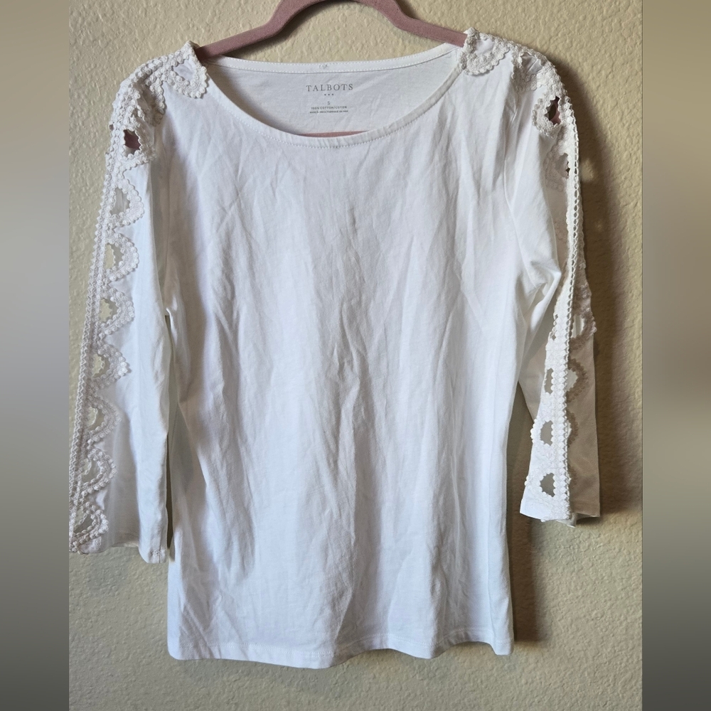 Talbots  Women's FWhite Eyelet 3/4 Sleeve 100 % cotton  Top Bateau Neck S#112